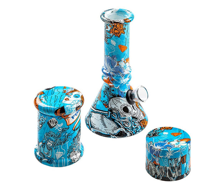 Glass Colored Pattern Mini Waterpipe 3pc Set - Greenhut